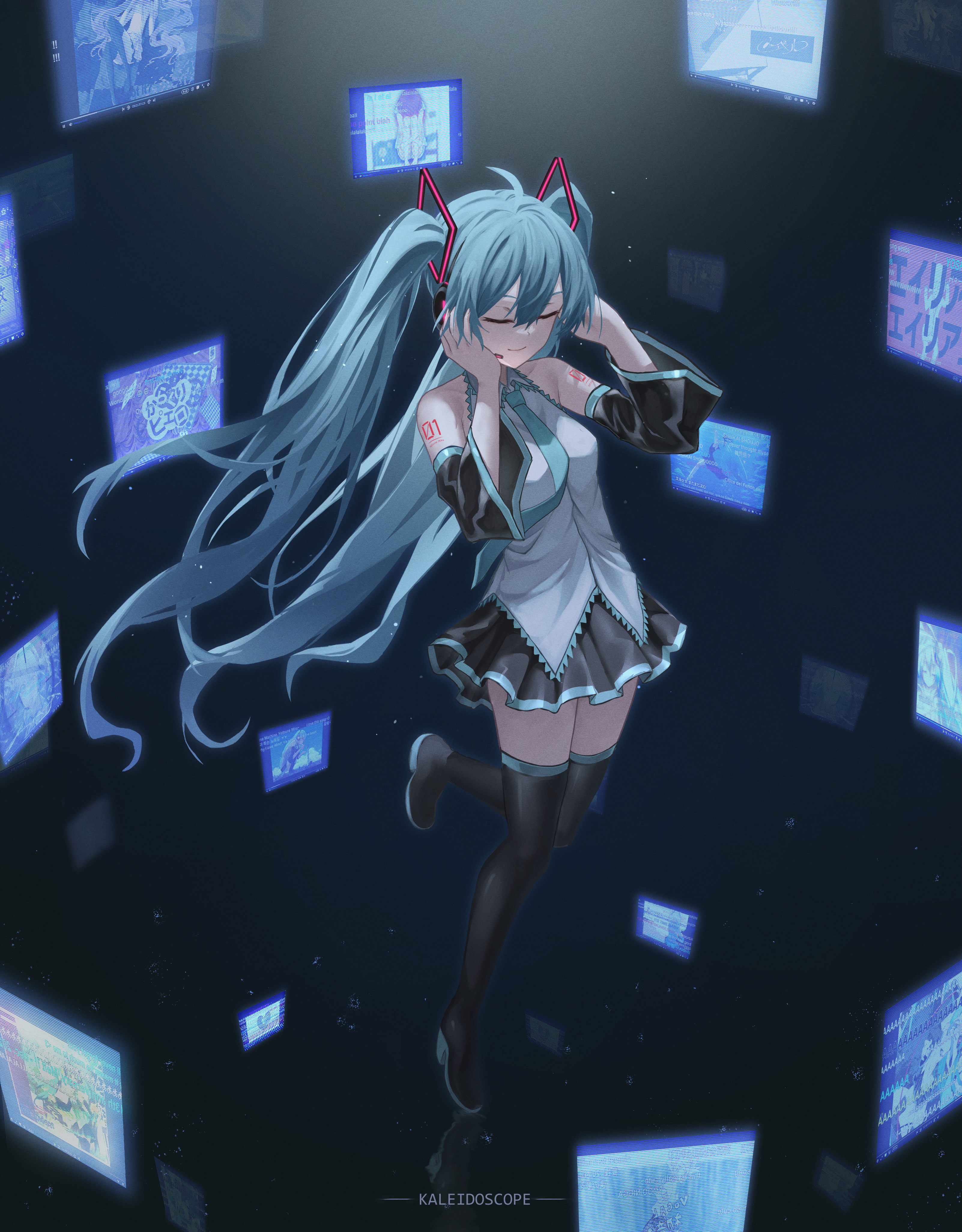 faldeus vocaloid hatsune miku headphones tattoo thighhighs